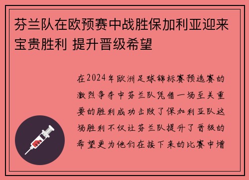 芬兰队在欧预赛中战胜保加利亚迎来宝贵胜利 提升晋级希望