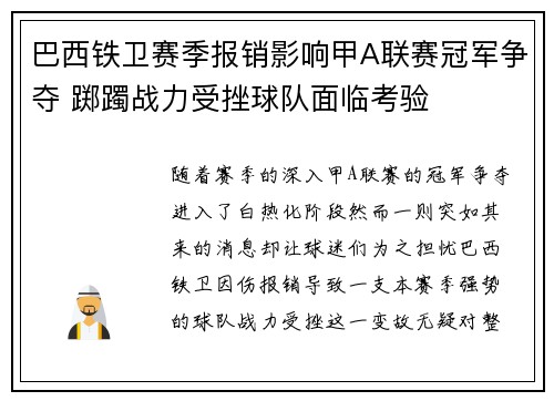 巴西铁卫赛季报销影响甲A联赛冠军争夺 踯躅战力受挫球队面临考验